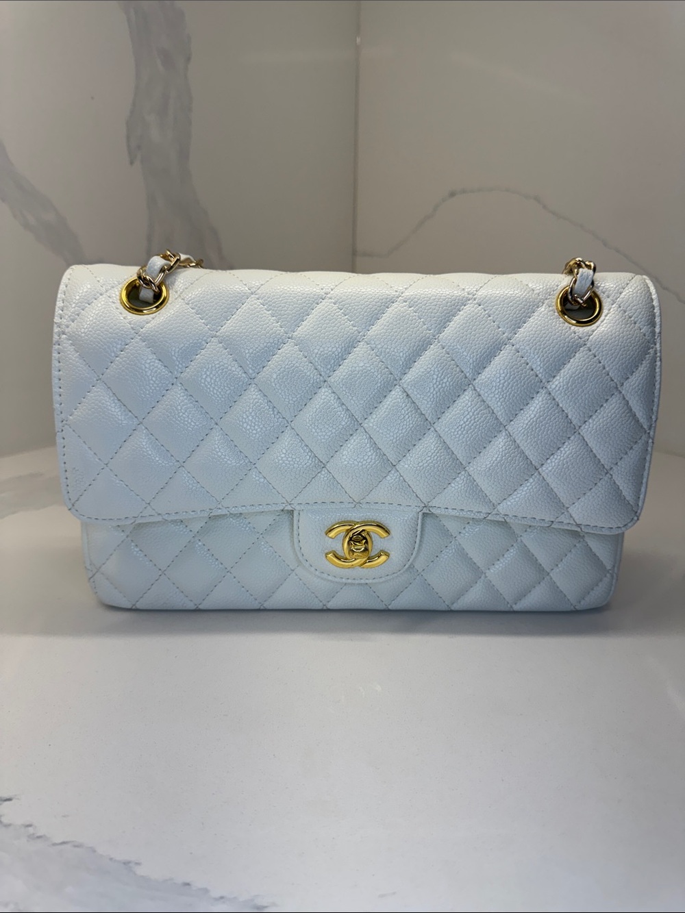 CC Classic Flap Shoulder Bag in White with Gold Hardware